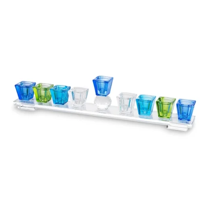 חנוכיית קריסטל מהודרת עם בסיס 7x33 ס"מ - גווני כחול